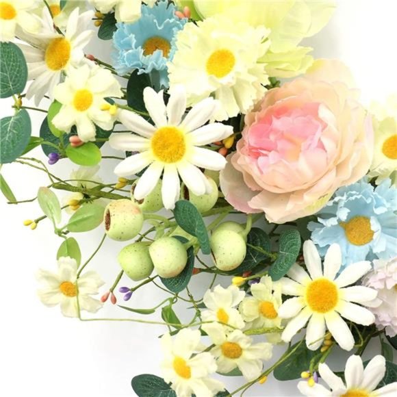 24” Artificial Flower Wreath,Daisy and Rose Wreath Colorful Spring/Summer Floral - Picture 3 of 7